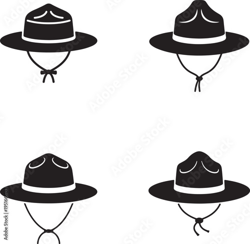 Four black silhouette of campaign hats with chin straps