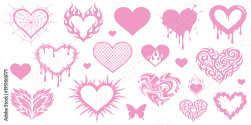 Set of various pink heart shapes with gothic, y2k, and tribal style elements vector illustration collection