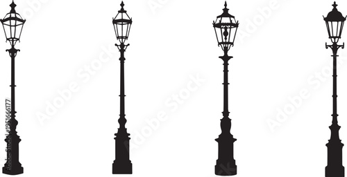 Four black silhouettes of vintage victorian style street lamps on white background