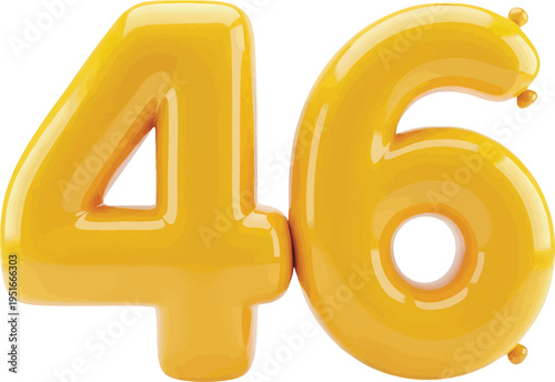 Vibrant Yellow 3D Number 46 Balloon for Anniversary or Birthday on Transparent Background