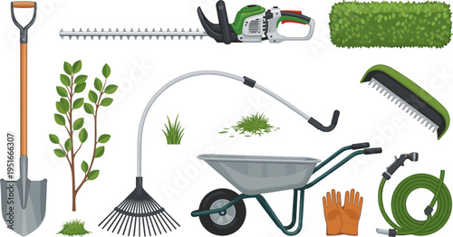 Gardening and Landscaping Tools Set with Shovel, Hedge Trimmer, Rake, Wheelbarrow, Gloves, Garden Hose, Comb, Shrub, and Trimmed Grass Illustrations