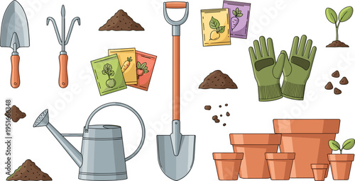Gardening Tools and Planting Set with Shovels, Hand Rakes, Watering Can, Gloves, Seed Packets, Soil, Plant Pots, and Sprouting Seedlings Illustrations