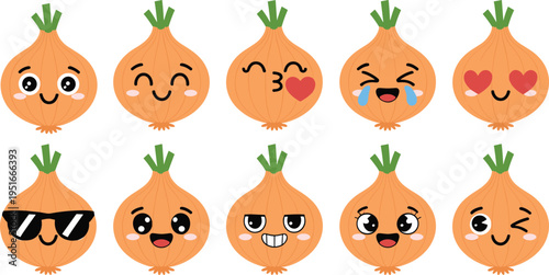 Set of cute cartoon onion emoji icons with various facial expressions and emotions isolated on white for healthy nutrition,