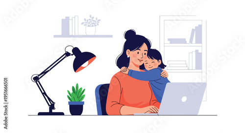 Happy Mother’s Day tribute to working mom balancing laptop work and child’s hug, celebrating appreciation, love, and dedication
