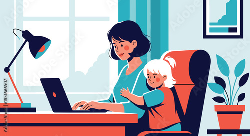 Happy Mother’s Day tribute to working mom balancing laptop work and child’s hug, celebrating appreciation, love, and dedication