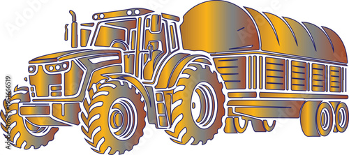 Gradient orange farm tractor with attached trailer