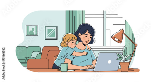 Happy Mother’s Day tribute to working mom balancing laptop work and child’s hug, celebrating appreciation, love, and dedication
