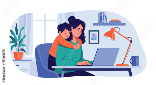 Happy Mother’s Day tribute to working mom balancing laptop work and child’s hug, celebrating appreciation, love, and dedication
