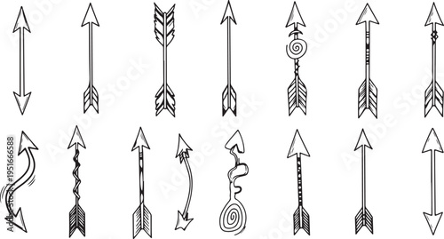 Hand drawn collection of tribal arrows with various feather and shaft patterns