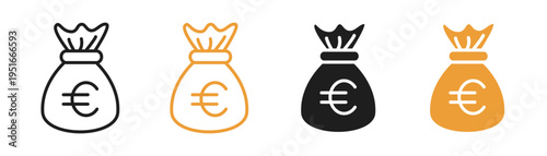 Money bag icon set. Coin sack or moneybag with euro sign symbol. Finance, saving, investment, earning. Editable line width