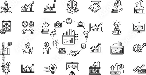 Business growth and finance line icons with investment ROI analytics strategy innovation charts and startup development vector illustration set