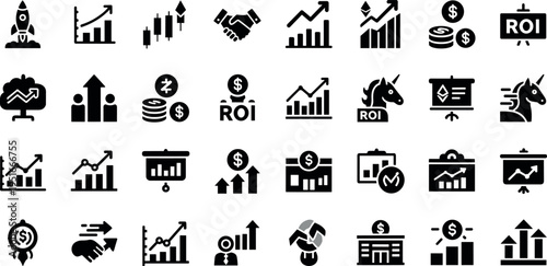 Business and finance icons set with growth charts ROI investment profit analytics and startup success black vector illustration collection