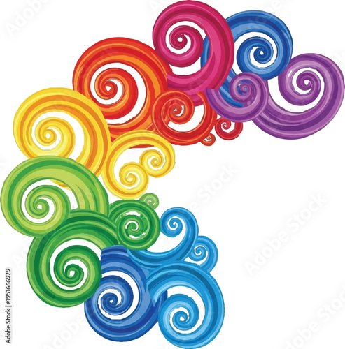 Rainbow colored spiral swirls arranged in a circular arc pattern