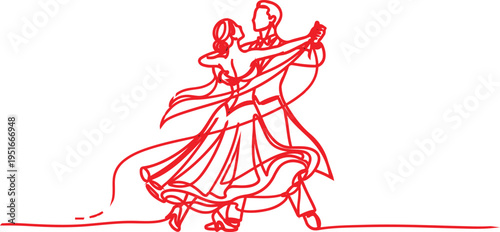 Red line of a couple dancing ballroom waltz on white background