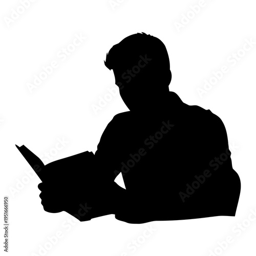 Black silhouette of a man reading a book for education knowledge and literacy concept isolated on white