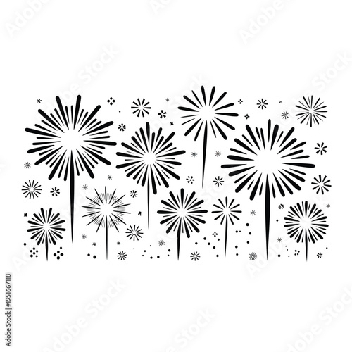 Black and white illustration of various fireworks exploding in the sky