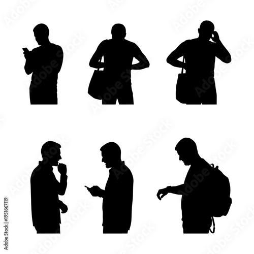 Set of male silhouettes using smartphones and carrying bags for urban lifestyle and architectural visualization design