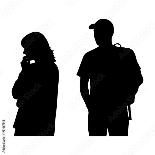 Black silhouettes of a thinking woman and a man with a backpack for travel education and lifestyle concepts