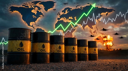 Global oil market with rising prices, influenced by geopolitical tensions, conflict, and energy supply challenges, shown against a world map backdrop.
