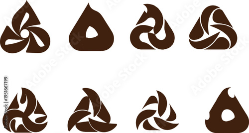 Set of eight brown triangular abstract with swirling flame and petal shapes