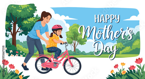 Happy Mother’s Day celebration with mother teaching daughter to ride bicycle in park, honoring appreciation, support, and love
