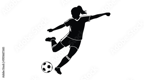 Silhouette of a female soccer player kicking a ball in motion
