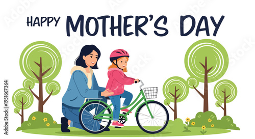 Happy Mother’s Day celebration with mother teaching daughter to ride bicycle in park, honoring appreciation, support, and love