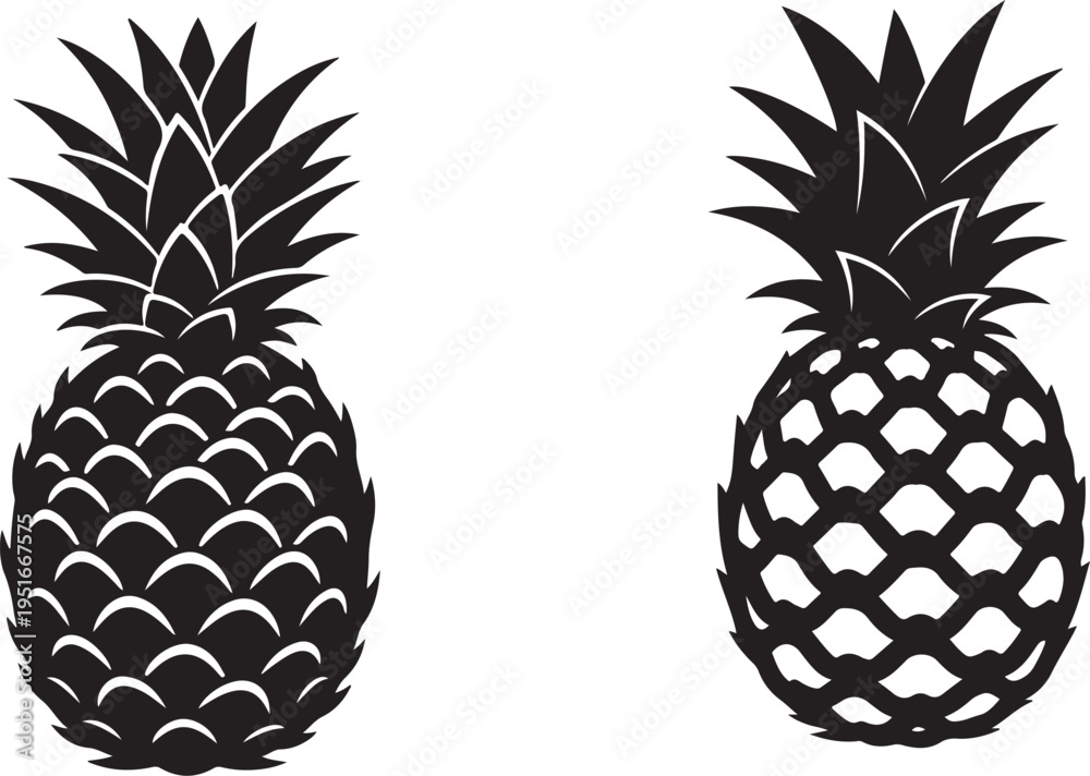 Fototapeta premium Two black silhouette pineapple with different leaf and skin textures on white background