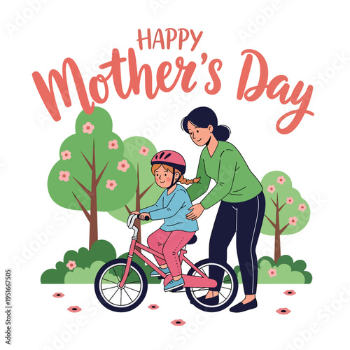 Happy Mother’s Day celebration with mother teaching daughter to ride bicycle in park, honoring appreciation, support, and love