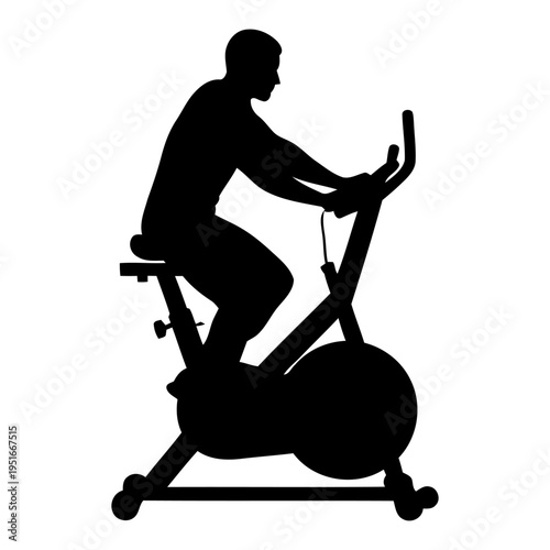 Silhouette of a man training on a stationary exercise bike for fitness and cardio health concept