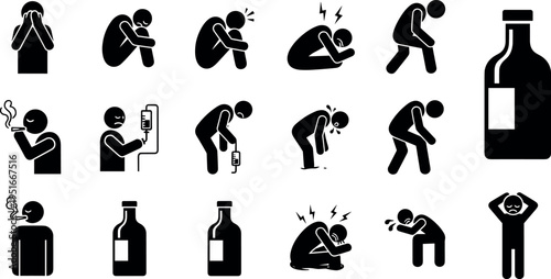 Set of stick figure icons representing addiction mental health issues depression anxiety substance abuse smoking alcohol and medical treatment for healthcare