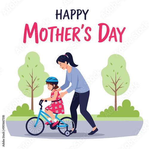 Happy Mother’s Day celebration with mother teaching daughter to ride bicycle in park, honoring appreciation, support, and love
