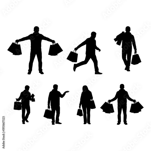 Set of diverse shopper silhouettes carrying shopping bags for retail sale and consumerism concept