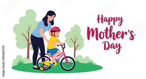 Happy Mother’s Day celebration with mother teaching daughter to ride bicycle in park, honoring appreciation, support, and love