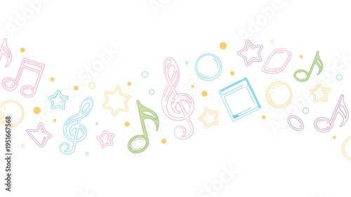 Colorful musical notes and symbols float across a white background