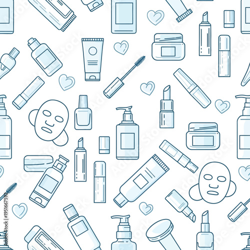 Various outline icons representing cosmetic products and beauty treatments are arranged in a repeating pattern on a white background.