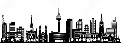 Dusseldorf city skyline silhouette including Rheinturm television tower church spires and modern office buildings for Germany travel tourism and business concept