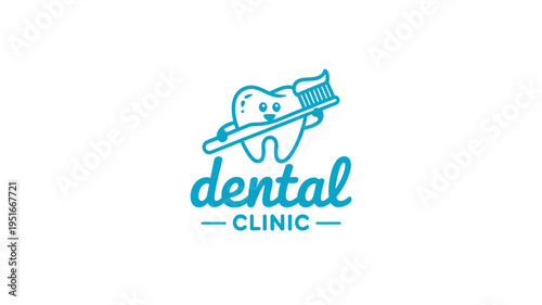 Cartoon tooth with toothbrush and the word dental in blue branding