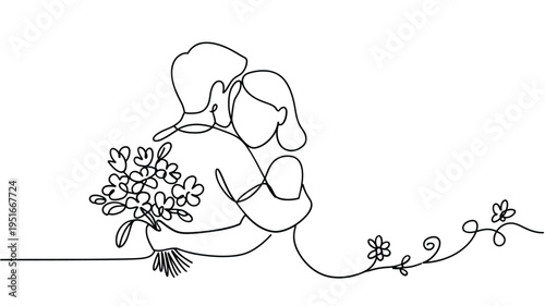 Minimalist line drawing of a mother and child with flowers