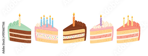 Birthday cake slice collection colorful dessert pieces with candles vector illustration. Sweet celebration food collection flat vector