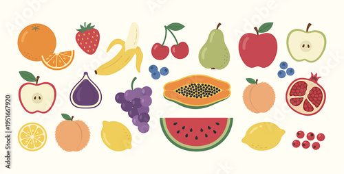 Colorful Fresh Fruit Collection with Watermelon, Mango, Orange, Banana, Apple and more. Healthy nutrition organic smoothies and wellness illustration designs