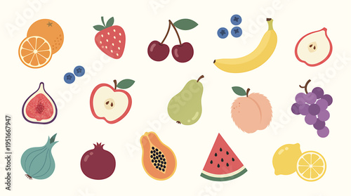 Colorful Fresh Fruit Collection with Watermelon, Mango, Orange, Banana, Apple and more. Healthy nutrition organic smoothies and wellness illustration designs