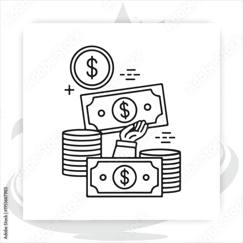 Financial growth and wealth symbols: money stack, gear, investment tree illustration,