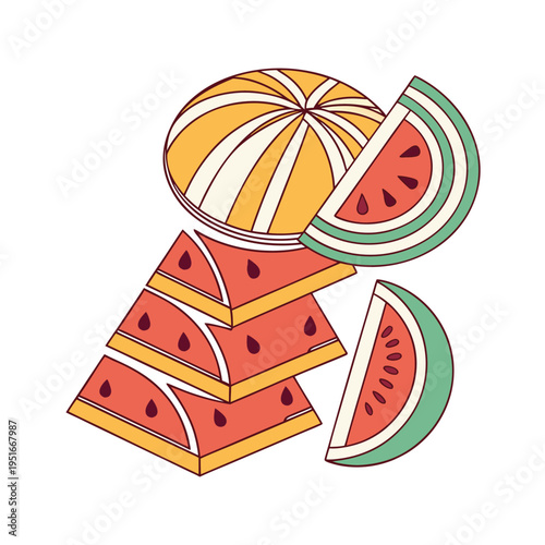 Set of 6 colorful fruit slices vector, watermelon and orange