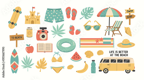 Set of cute summer icons, stickers. Collection of scrapbooking elements for beach party. Weekend and summer time concept. Hand drawn modern items, signs for card, scrapbooking