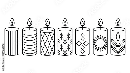 A row of seven decorative candles with unique patterned designs
