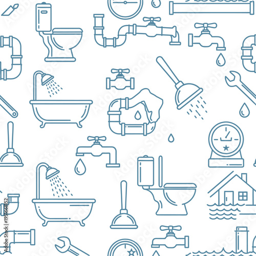 Seamless pattern featuring blue line icons depicting various plumbing fixtures, tools, and water repair concepts against a white backdrop.