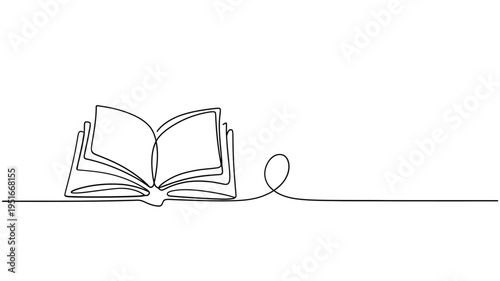 Minimalist line drawing of an open book with trailing swirl