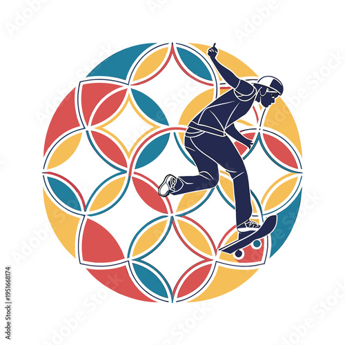 Vector illustration of skateboarder on colorful geometric pattern background