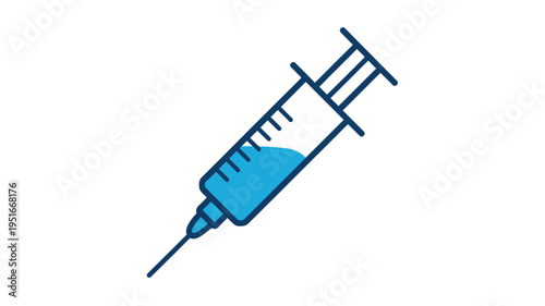A blue outline of a medical syringe filled with liquid solution